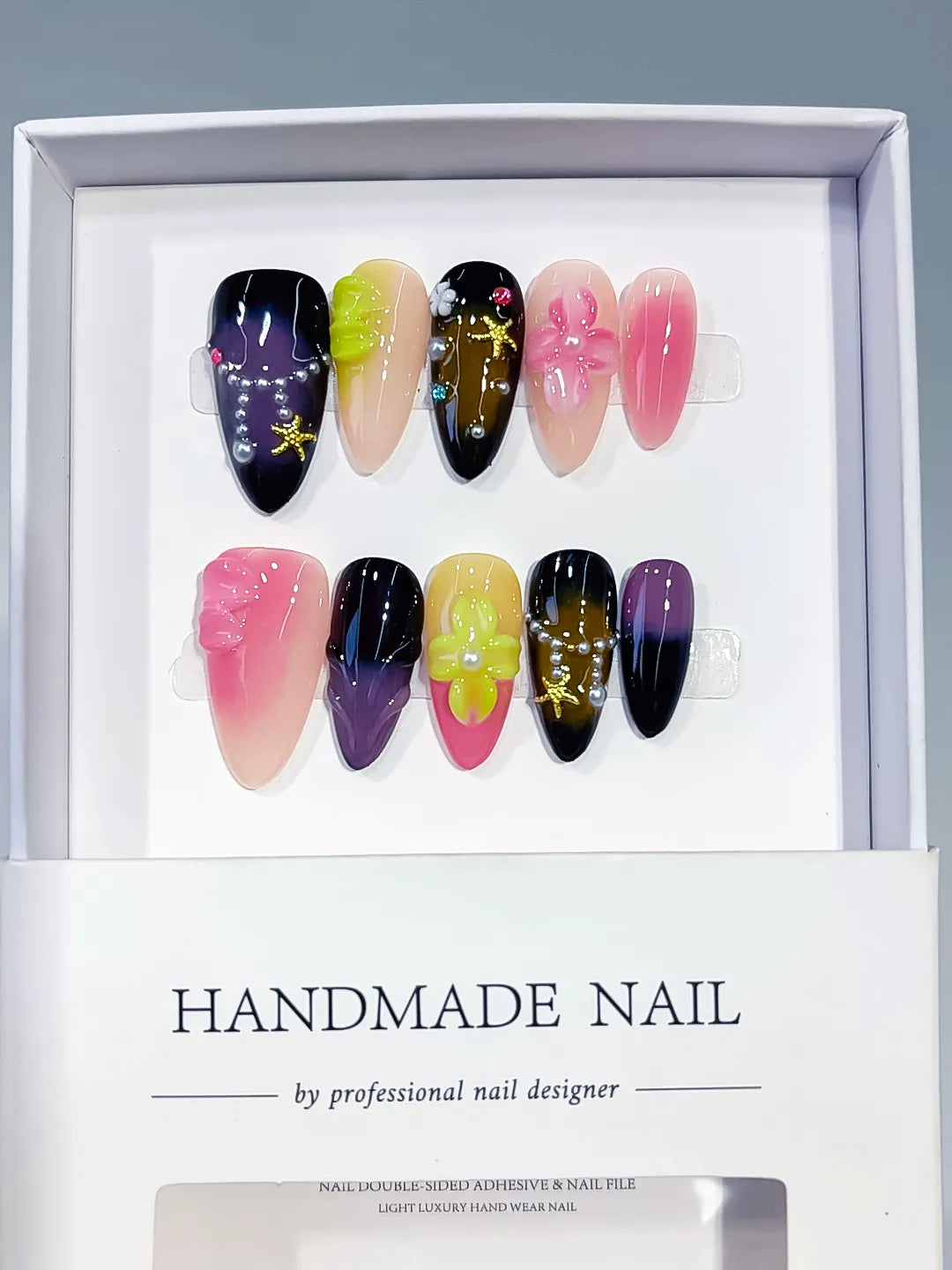 Pink Black Purple Green Yellow Abstract Flower Star Rhinestone press on nails full set view