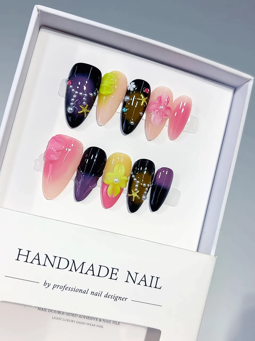 Pink Black Purple Green Yellow Abstract Flower Star Rhinestone press on nails