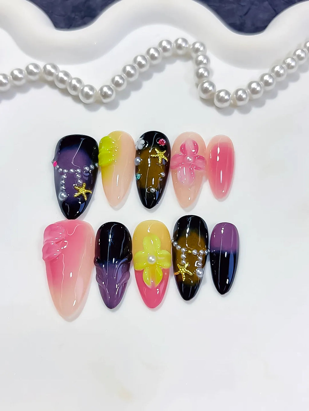 Pink Black Purple Green Yellow Abstract Flower Star Rhinestone press on nails detail view
