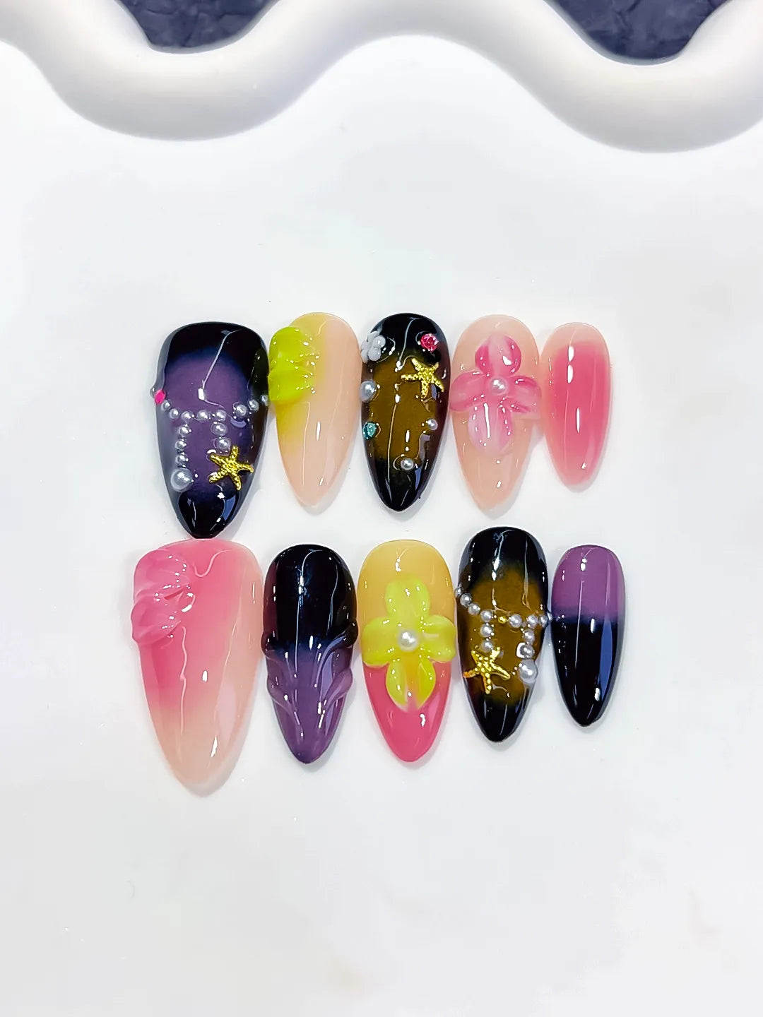 Pink Black Purple Green Yellow Abstract Flower Star Rhinestone press on nails close up