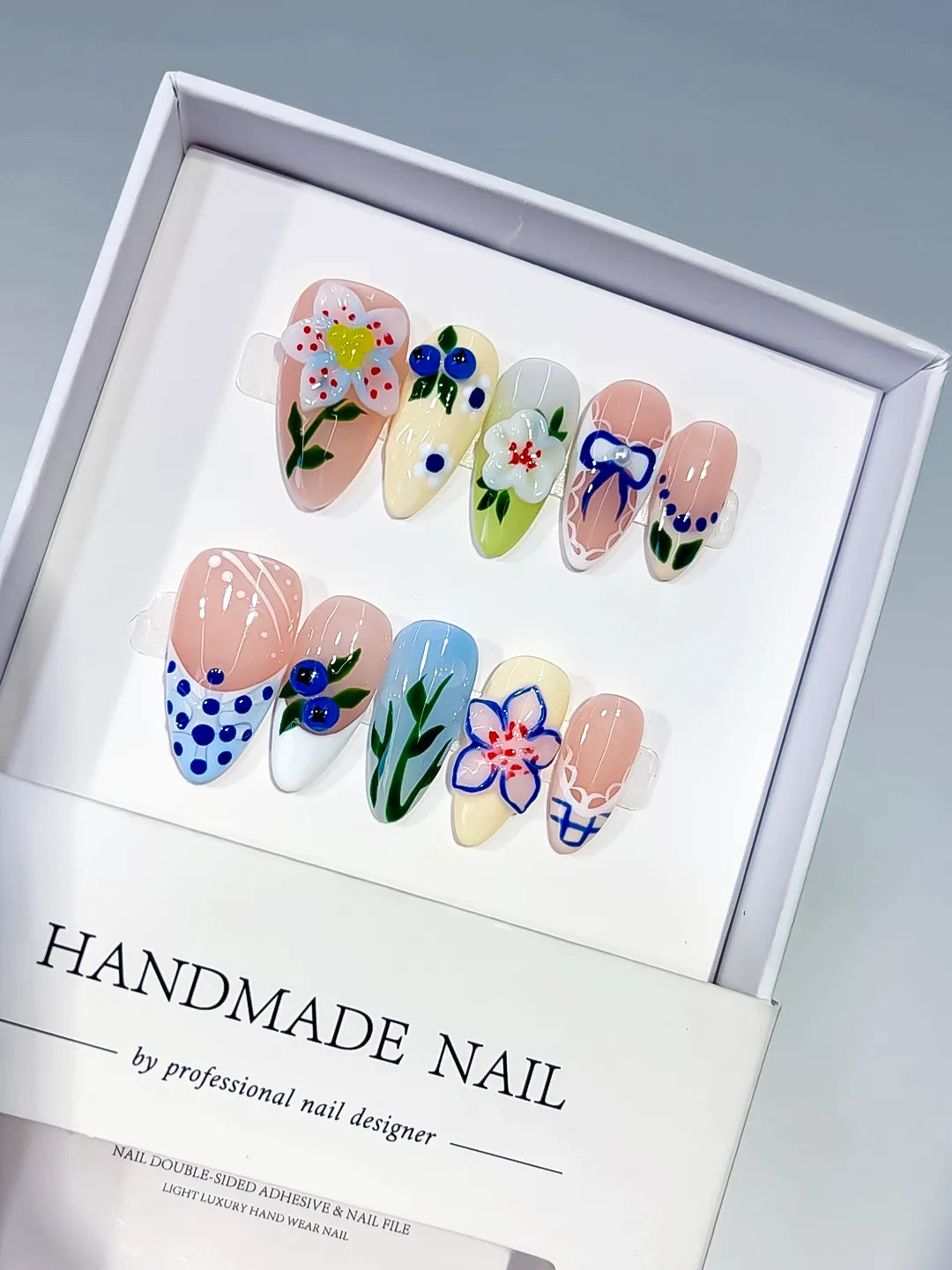 Nude White Blue Green Abstract Flower Leaf Berry press on nails