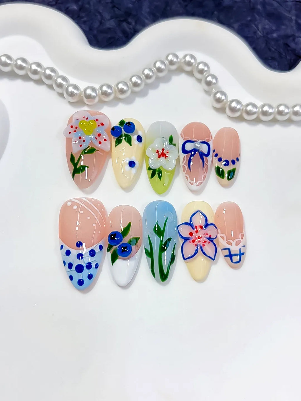 Nude White Blue Green Abstract Flower Leaf Berry press on nails detail view