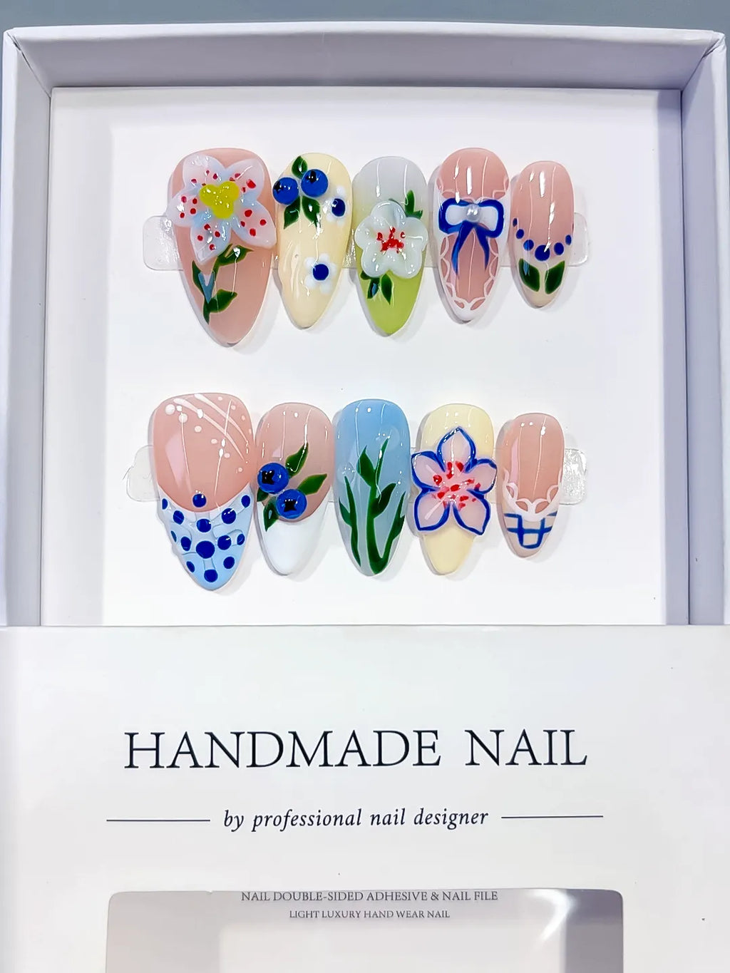 Nude White Blue Green Abstract Flower Leaf Berry press on nails full set view