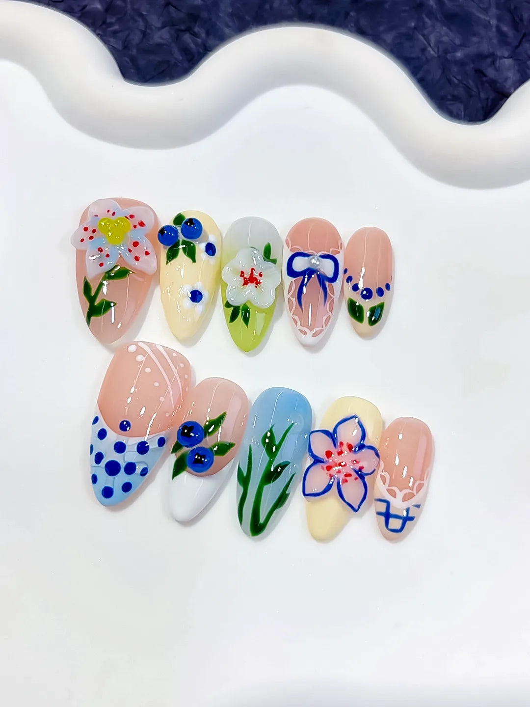 Nude White Blue Green Abstract Flower Leaf Berry press on nails detail view