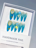 Blue Silver Gold Glitter Pearl Star Metallic Charm press on nails