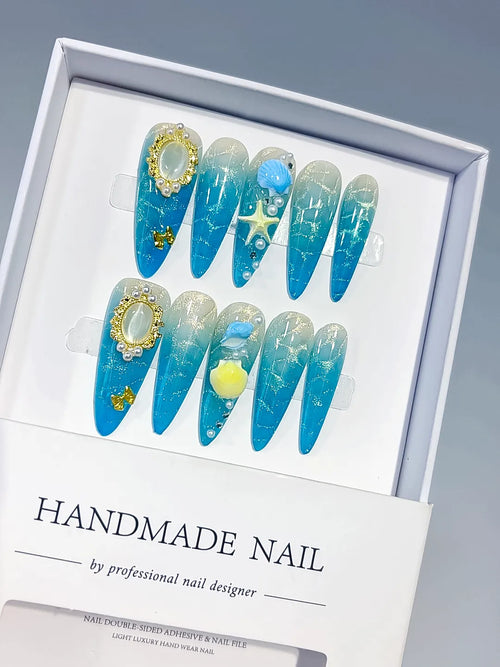 Blue Silver Gold Glitter Pearl Star Metallic Charm press on nails