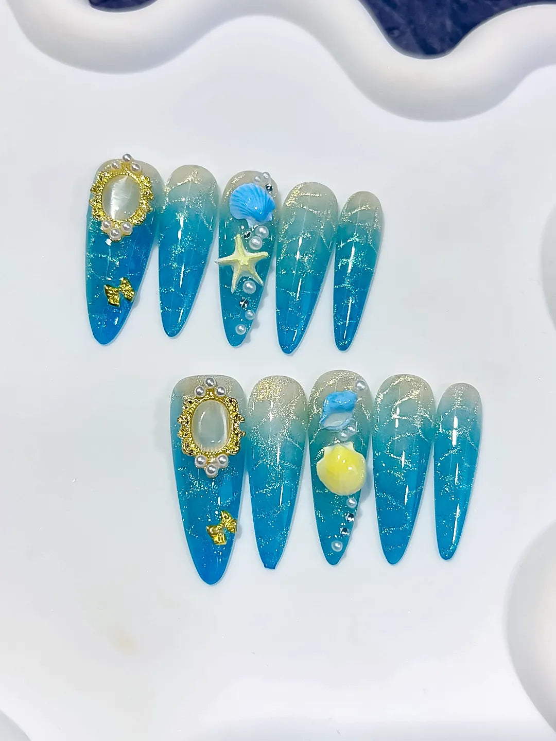 Blue Silver Gold Glitter Pearl Star Metallic Charm press on nails close up