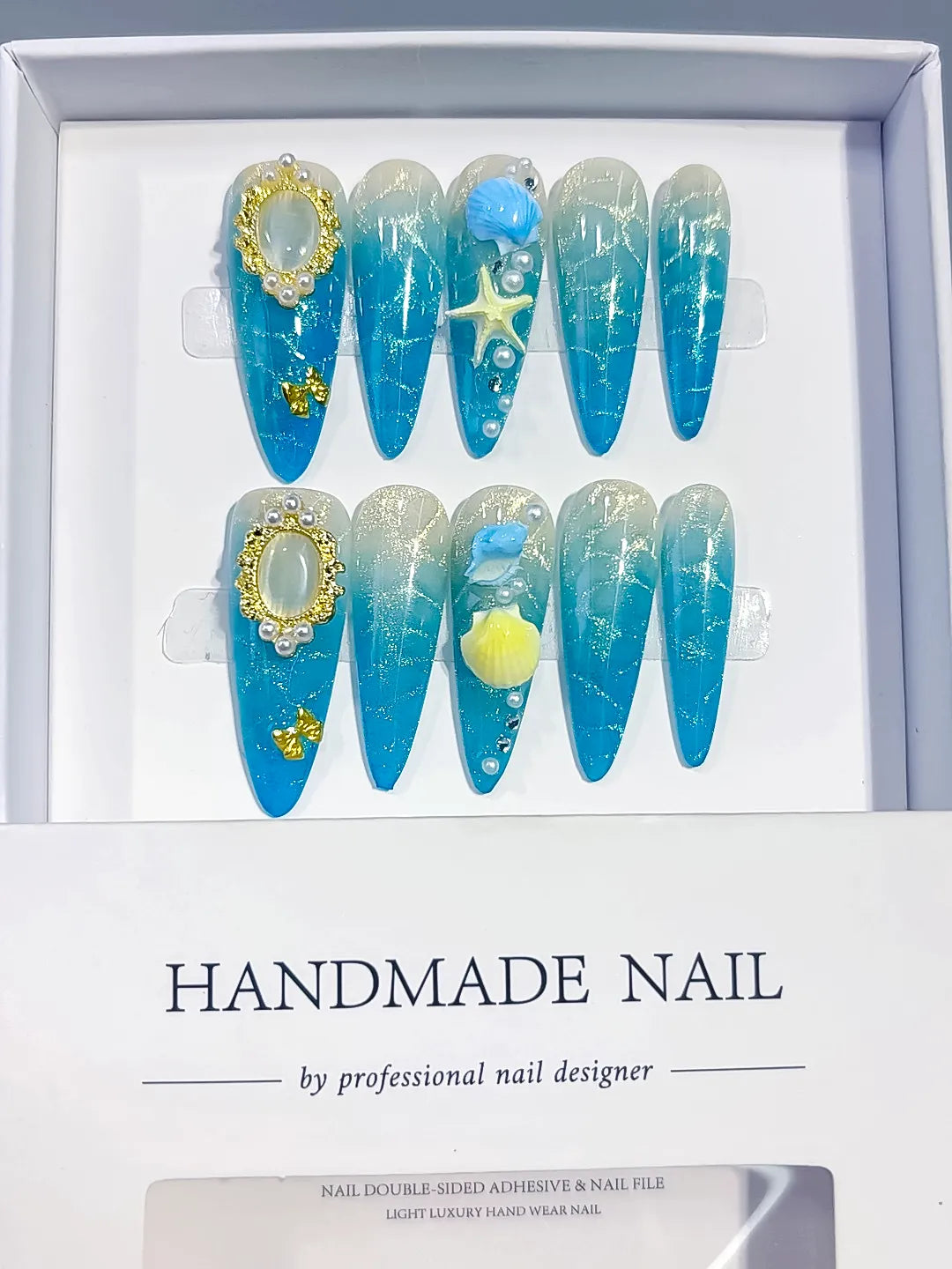 Blue Silver Gold Glitter Pearl Star Metallic Charm press on nails full set view