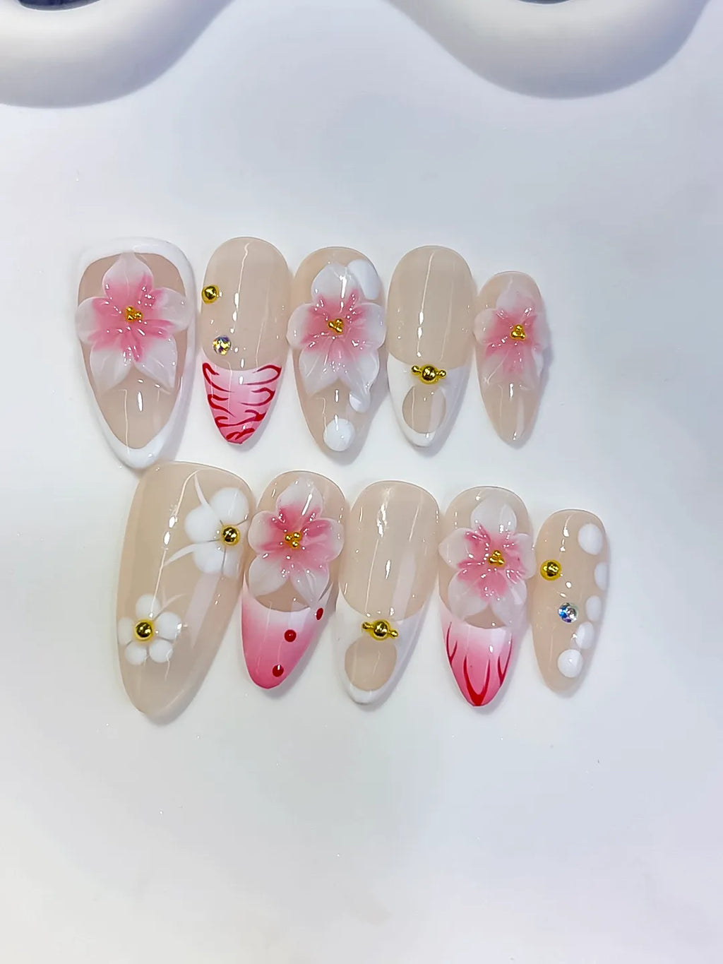 Nude Pink White French tip Flower Dot Pattern press on nails detail view