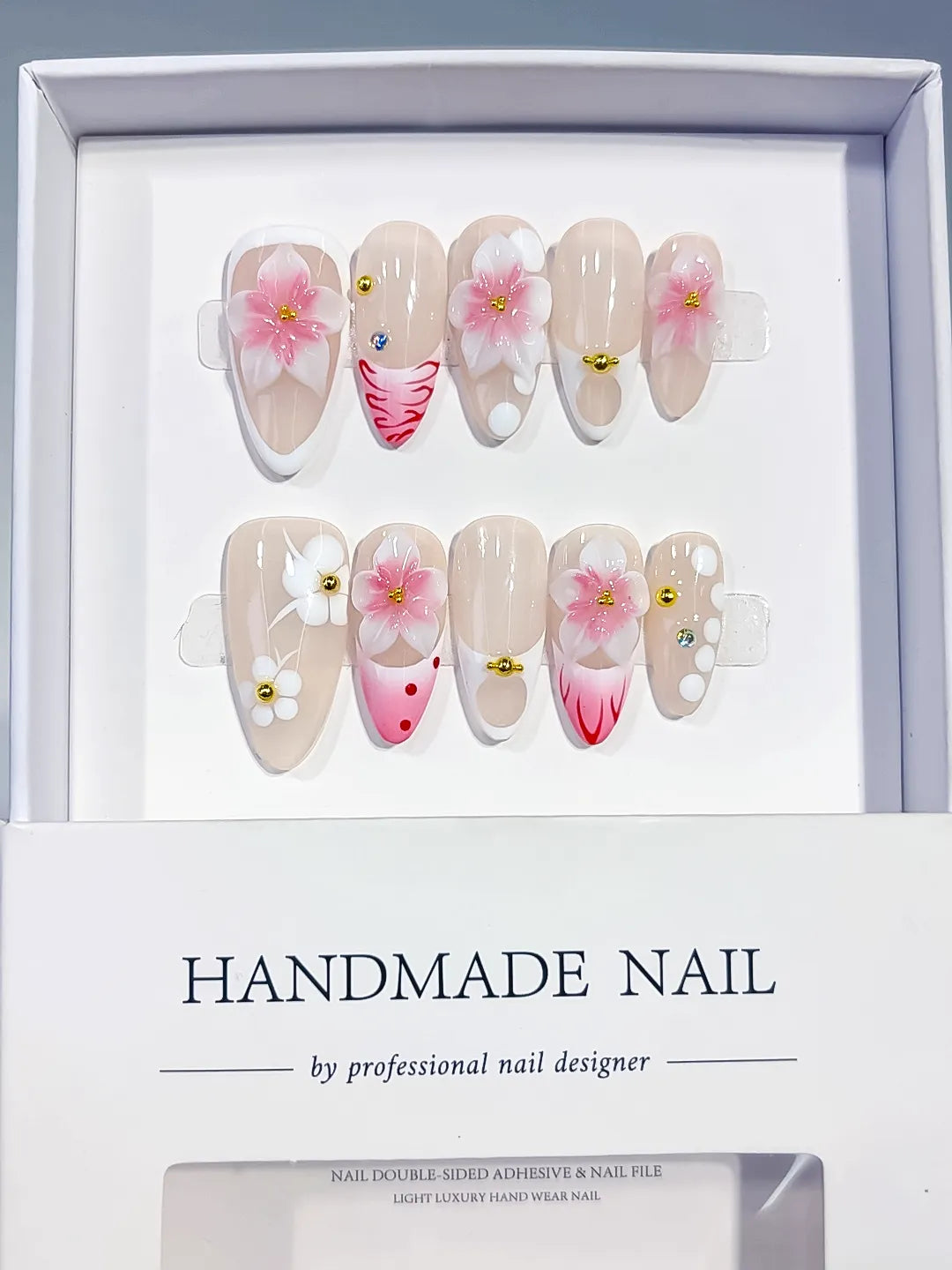 Nude Pink White French tip Flower Dot Pattern press on nails full set view