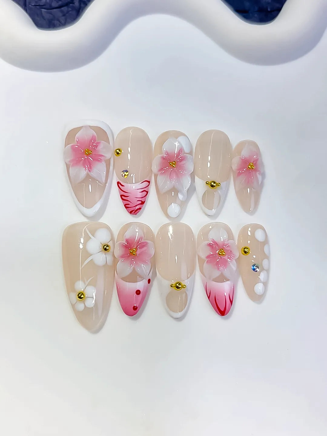 Nude Pink White French tip Flower Dot Pattern press on nails detail view