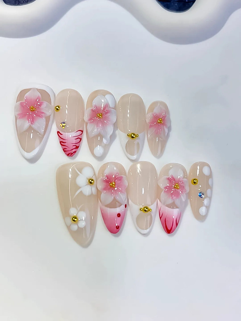 Nude Pink White French tip Flower Dot Pattern press on nails detail view