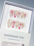 Nude Pink White French tip Flower Dot Pattern press on nails