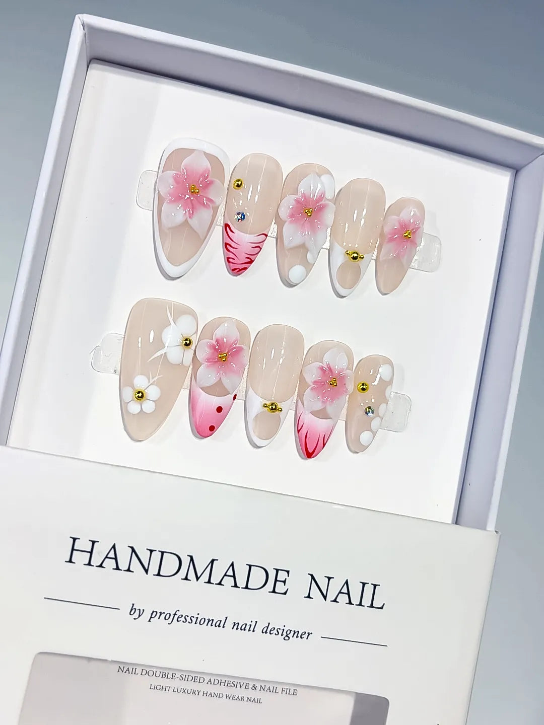 Nude Pink White French tip Flower Dot Pattern press on nails