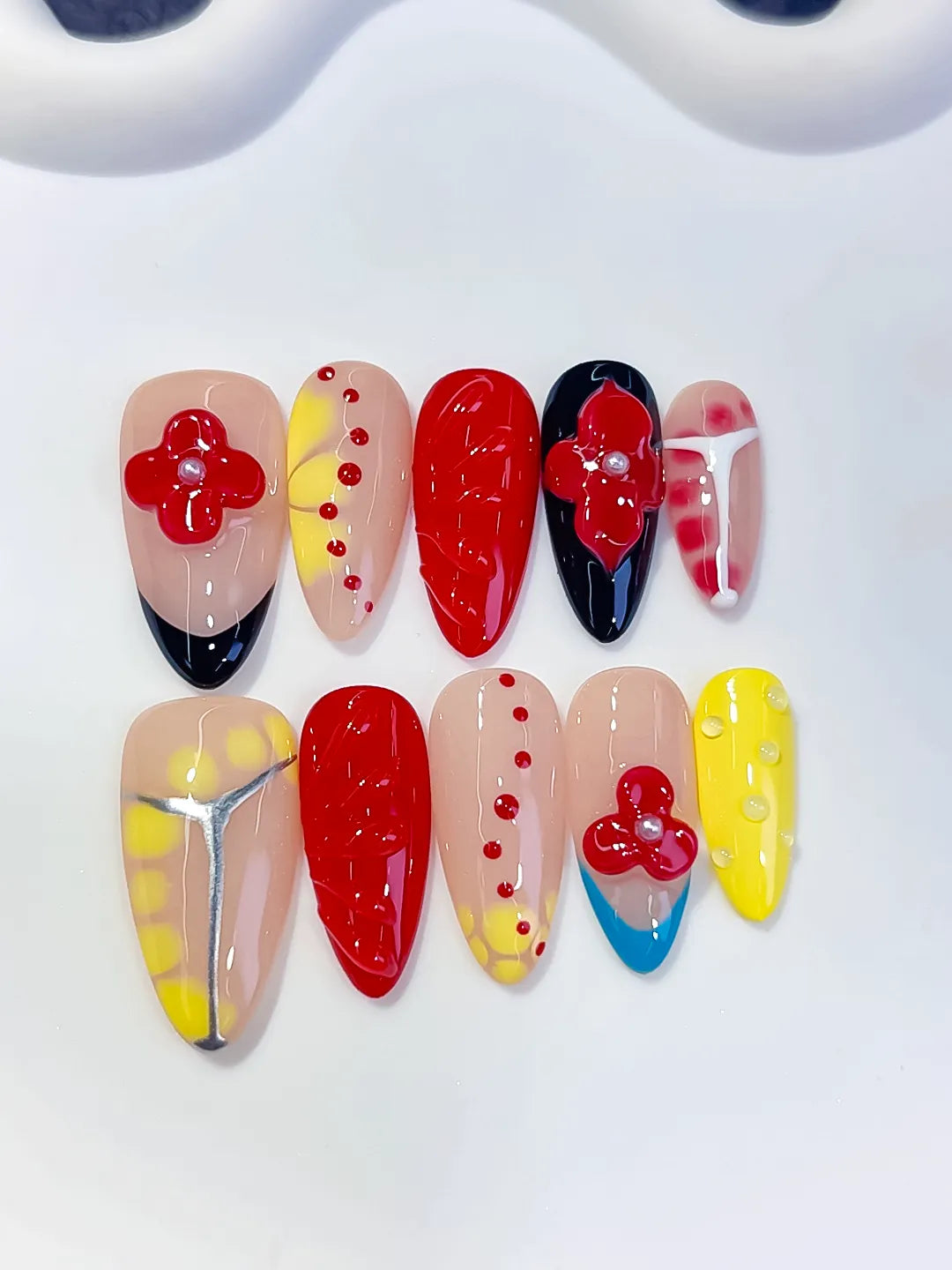 Nude Red Yellow Blue Black Abstract Flower Heart Dot Pattern press on nails close up