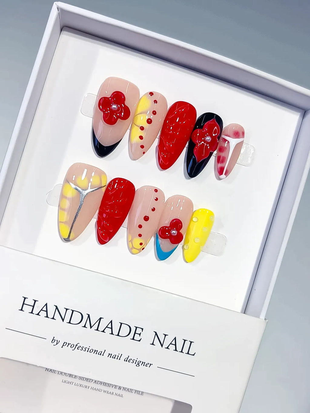 Nude Red Yellow Blue Black Abstract Flower Heart Dot Pattern press on nails