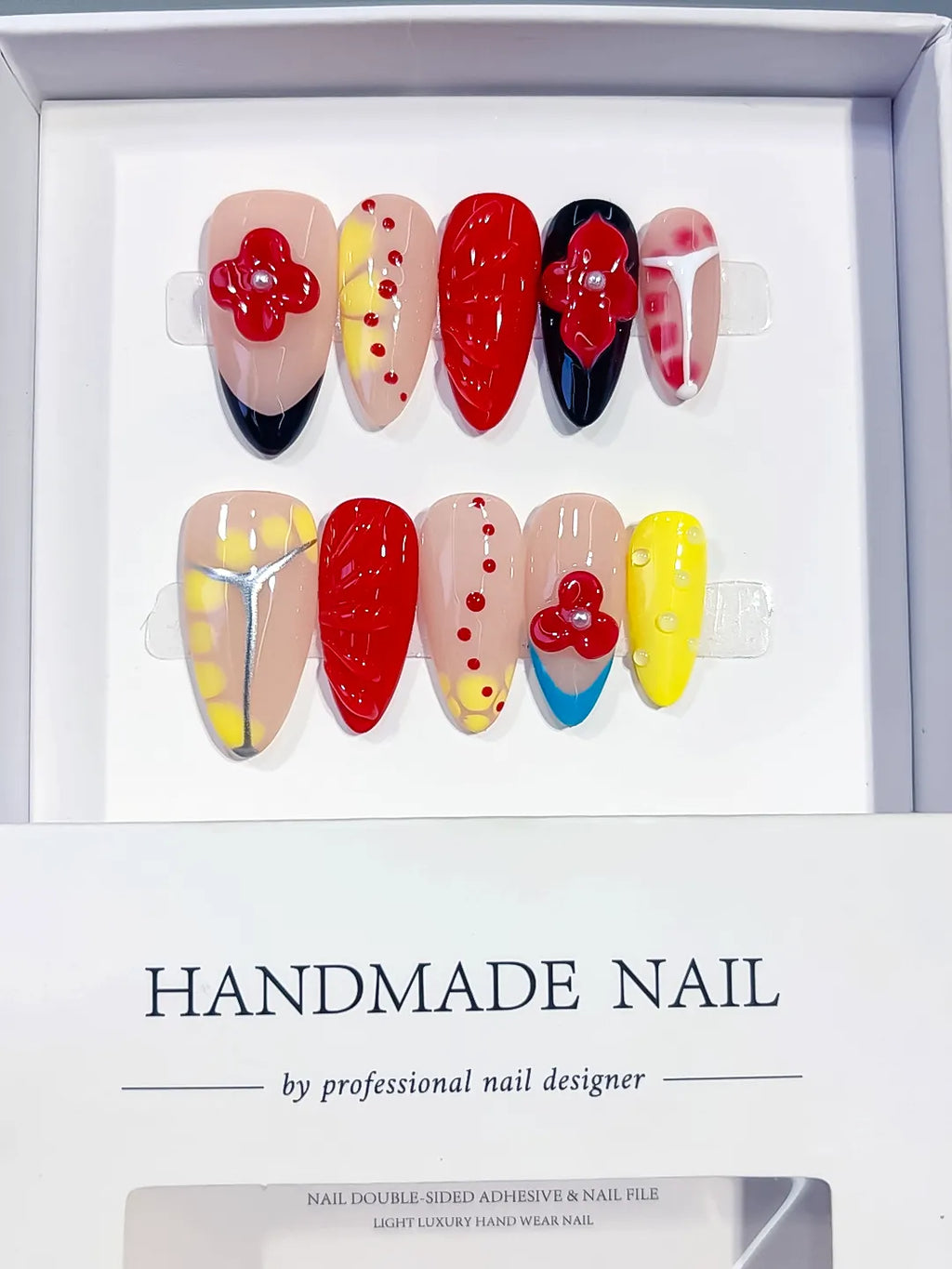 Nude Red Yellow Blue Black Abstract Flower Heart Dot Pattern press on nails full set view