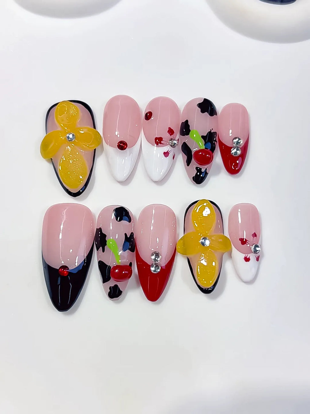 Nude Pink Black Red Yellow Abstract Flower Cherry Animal Print press on nails detail view