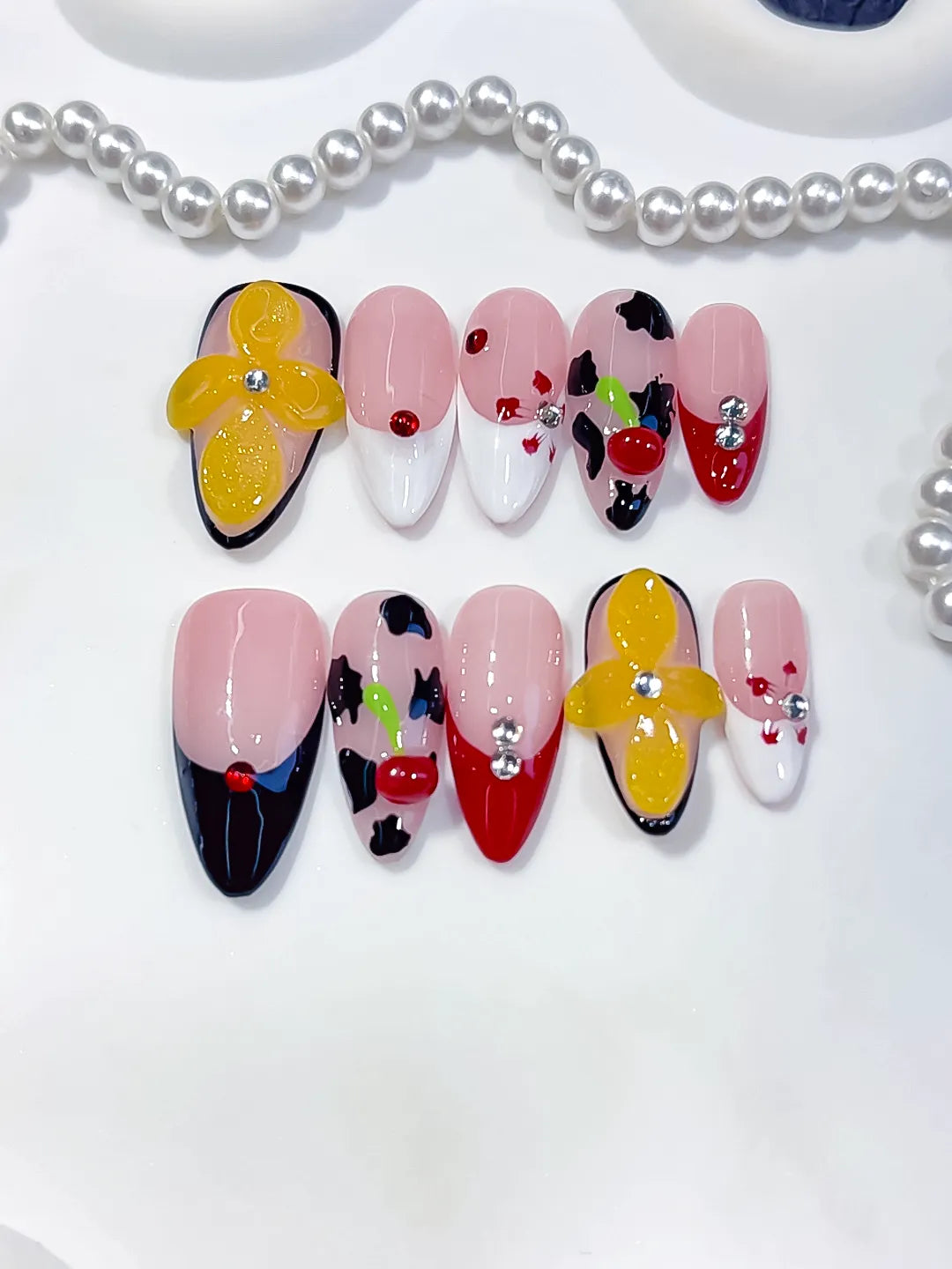 Nude Pink Black Red Yellow Abstract Flower Cherry Animal Print press on nails close up