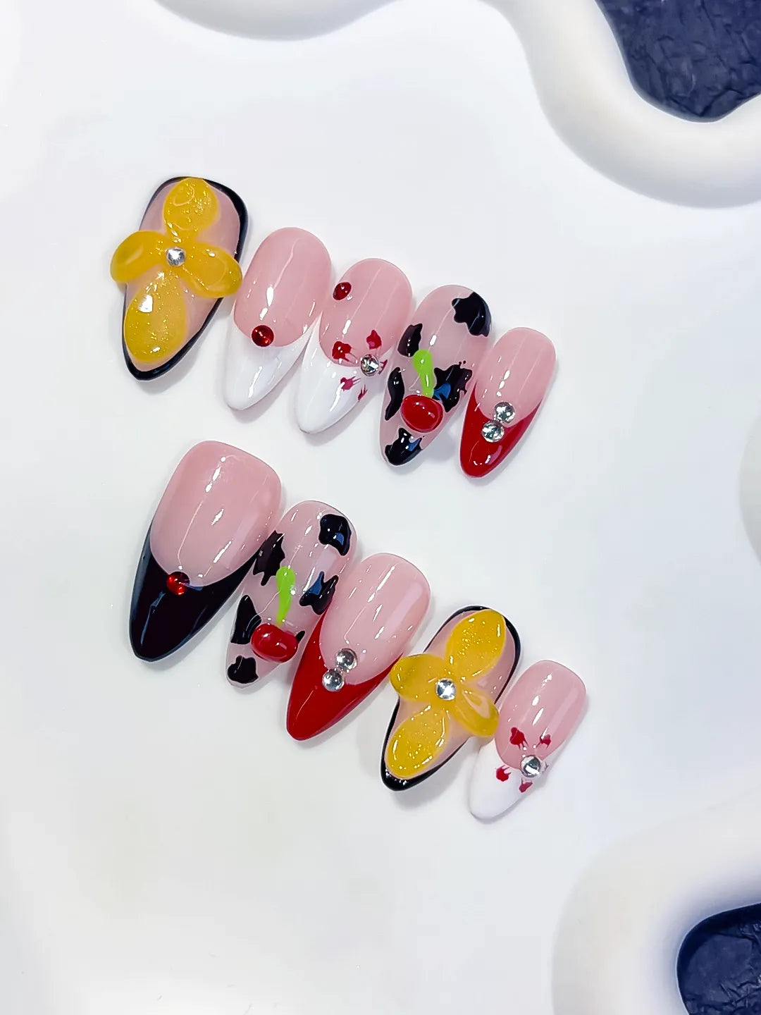 Nude Pink Black Red Yellow Abstract Flower Cherry Animal Print press on nails detail view