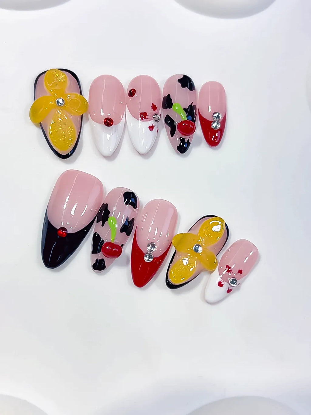 Nude Pink Black Red Yellow Abstract Flower Cherry Animal Print press on nails detail view