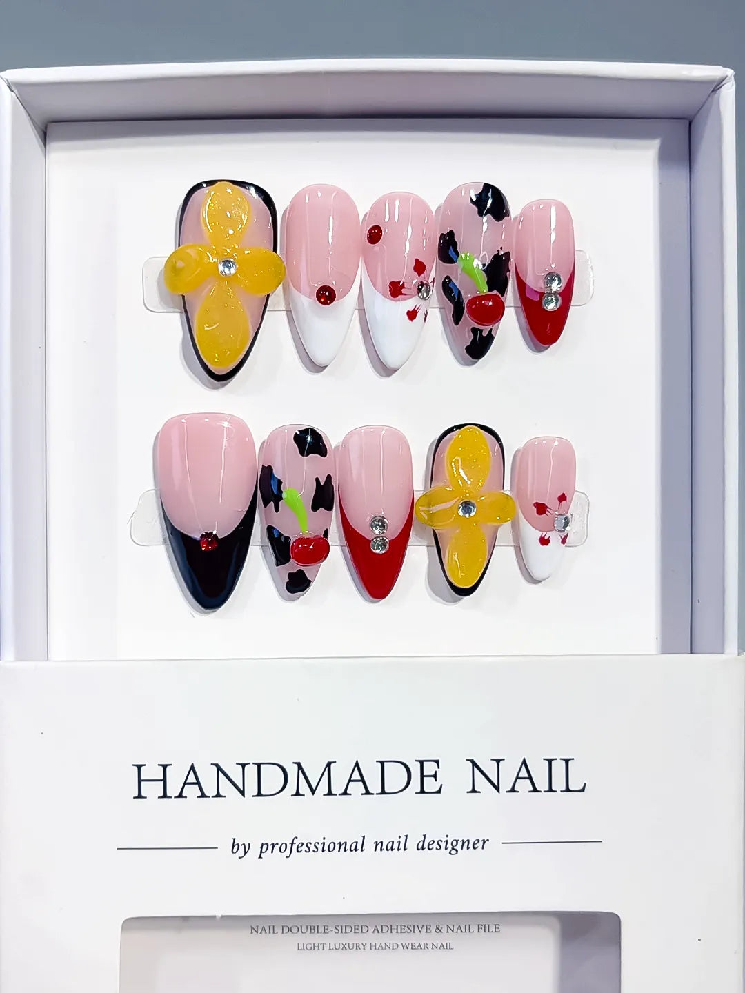 Nude Pink Black Red Yellow Abstract Flower Cherry Animal Print press on nails full set view