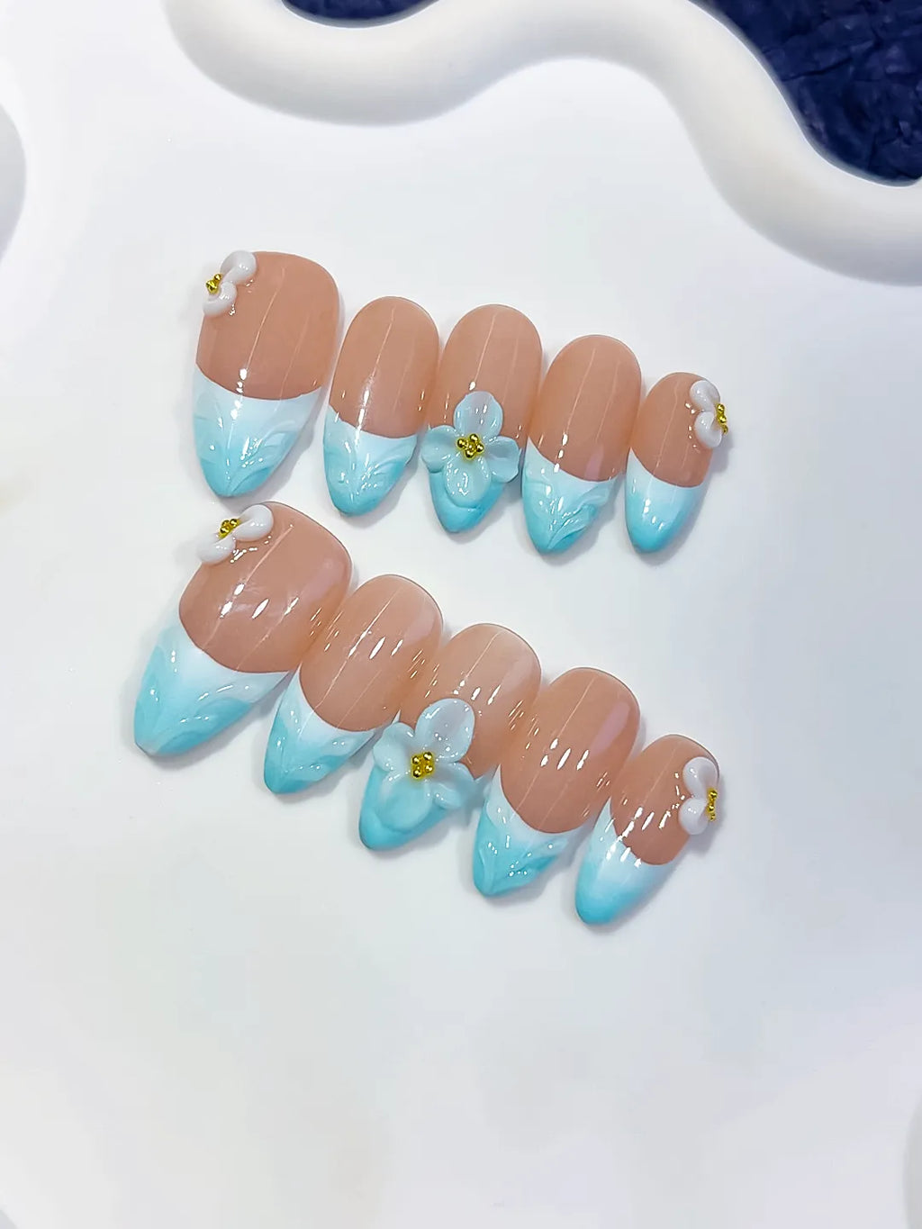 Nude Blue White French tip Flower Bow press on nails close up