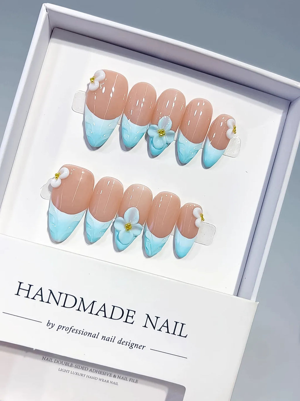 Nude Blue White French tip Flower Bow press on nails