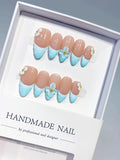Nude Blue White French tip Flower Bow press on nails