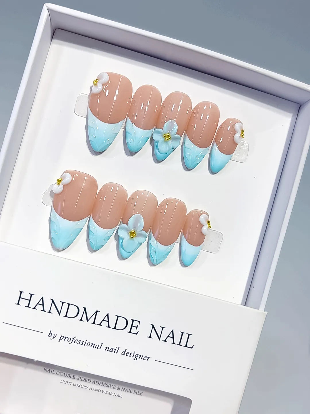 Nude Blue White French tip Flower Bow press on nails