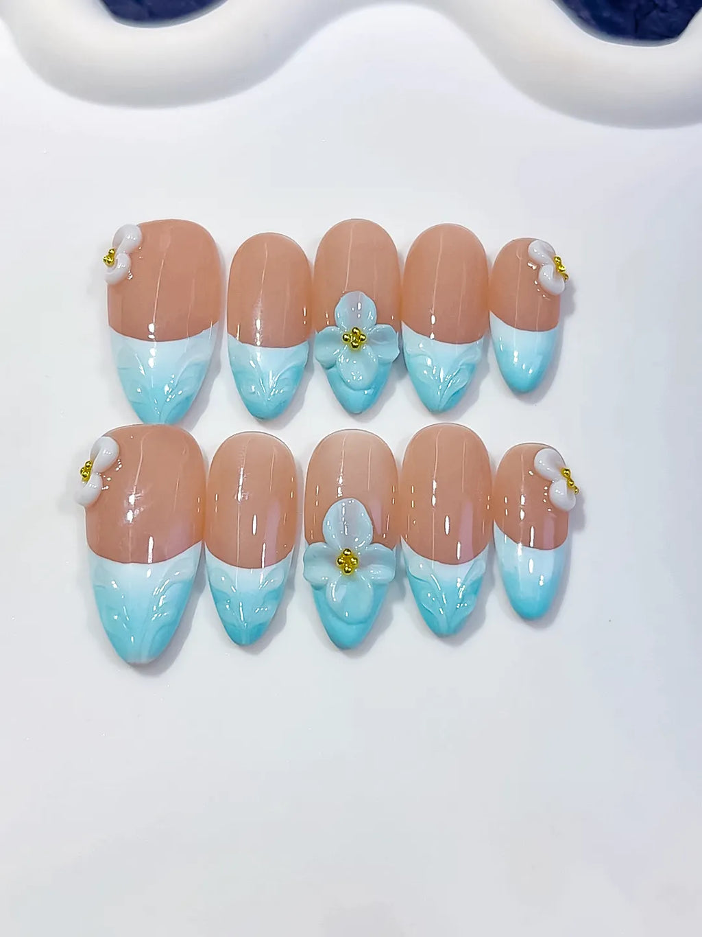 Nude Blue White French tip Flower Bow press on nails detail view