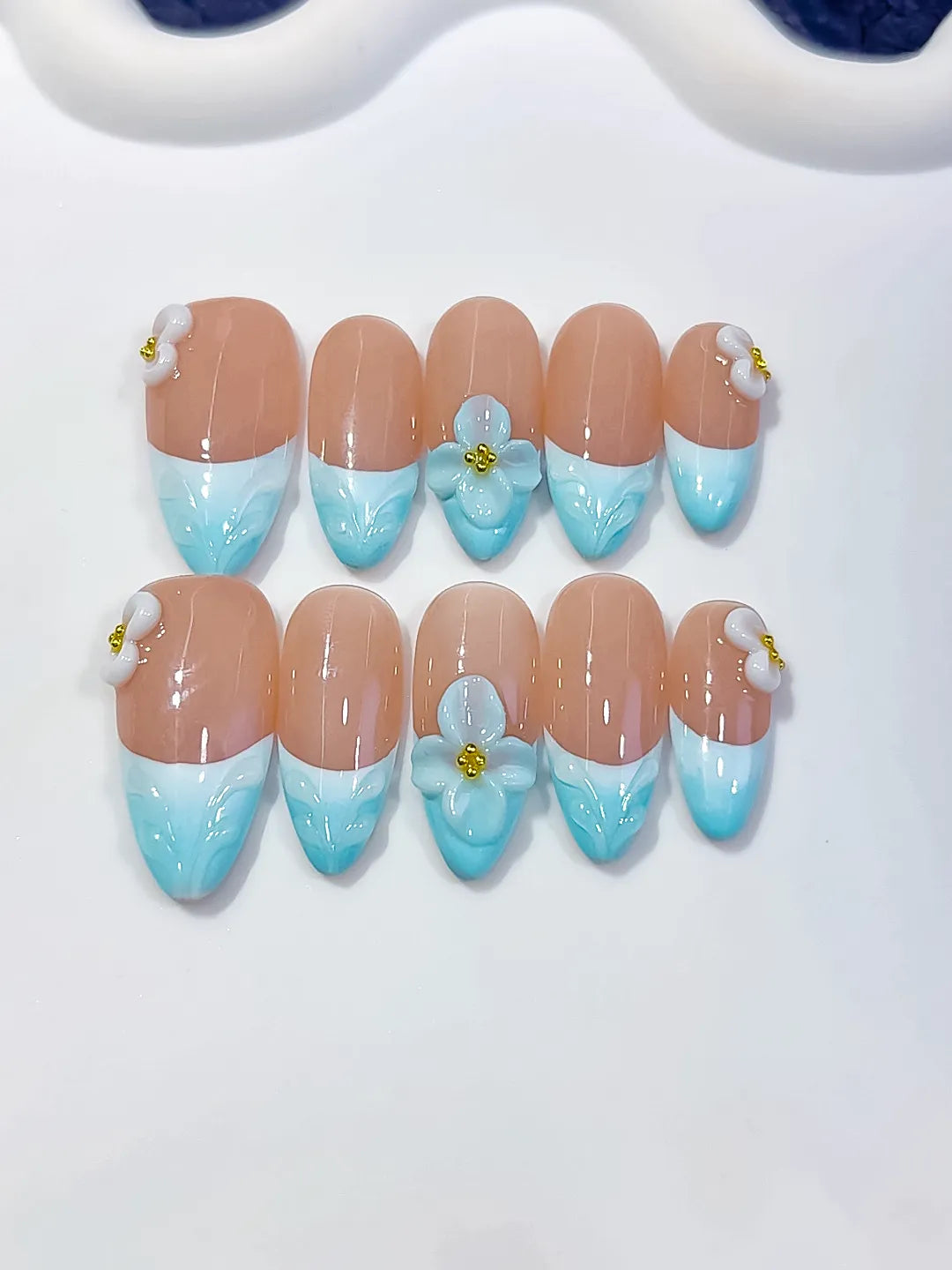 Nude Blue White French tip Flower Bow press on nails detail view
