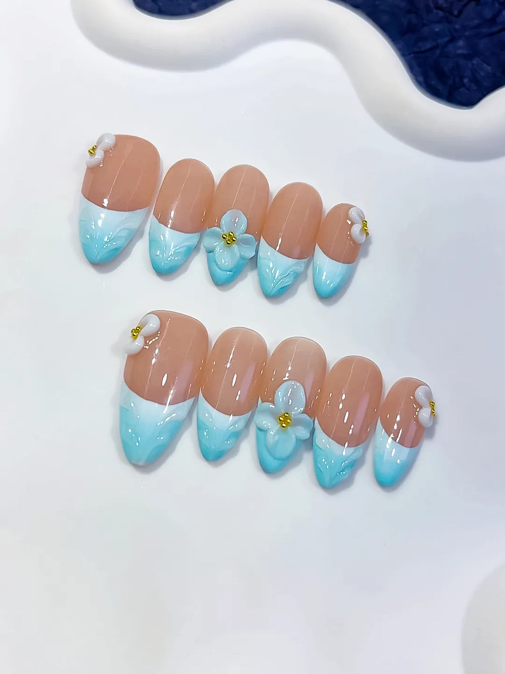 Nude Blue White French tip Flower Bow press on nails detail view