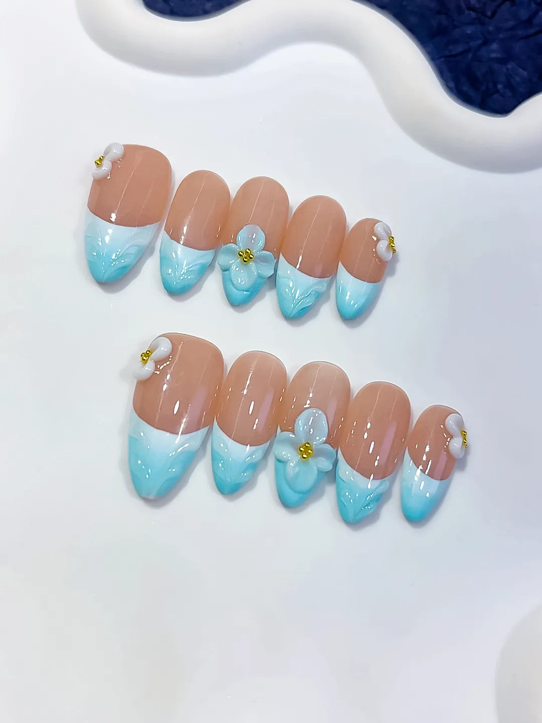 Nude Blue White French tip Flower Bow press on nails detail view