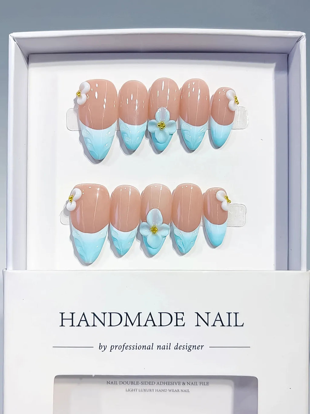 Nude Blue White French tip Flower Bow press on nails full set view