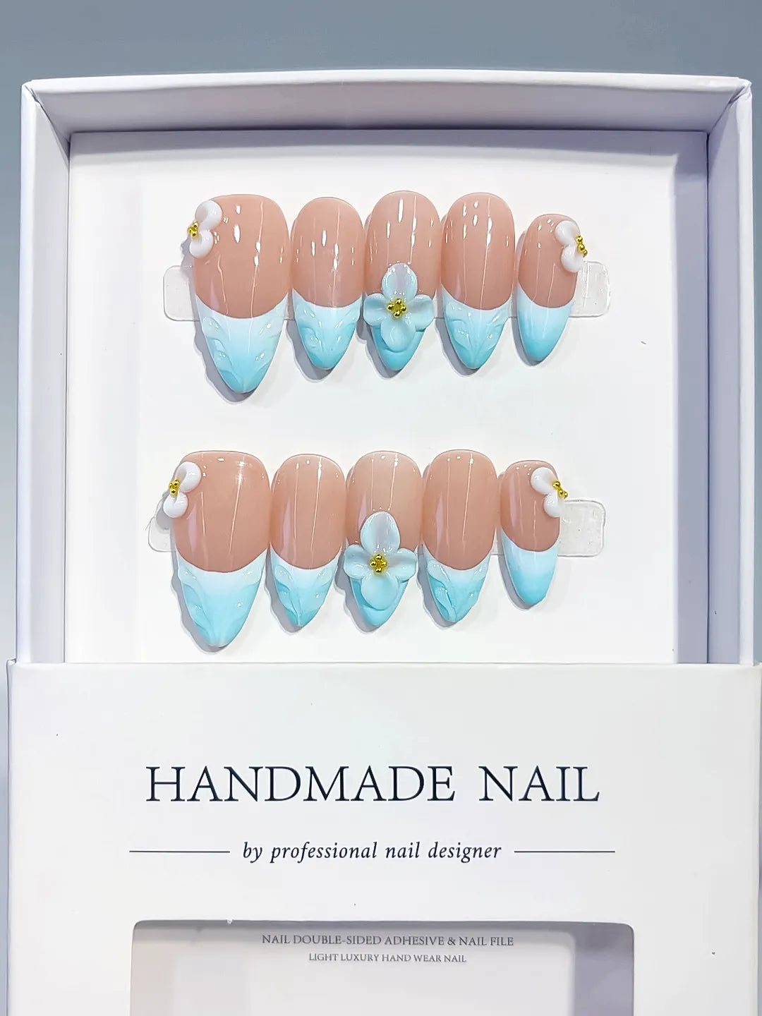 Nude Blue White French tip Flower Bow press on nails full set view