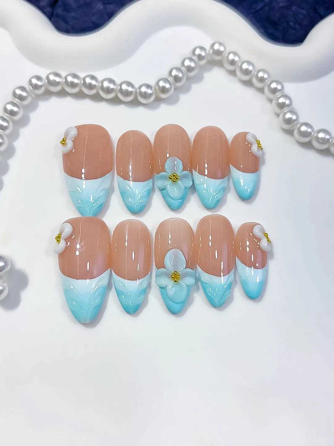 Nude Blue White French tip Flower Bow press on nails detail view