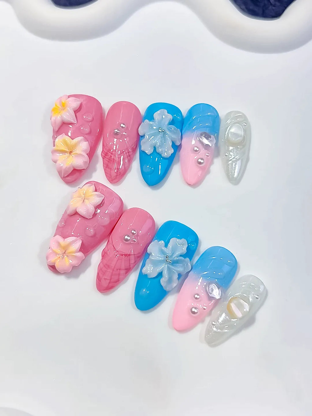 Pink Blue White Silver Abstract Flower Shell Pearl press on nails detail view
