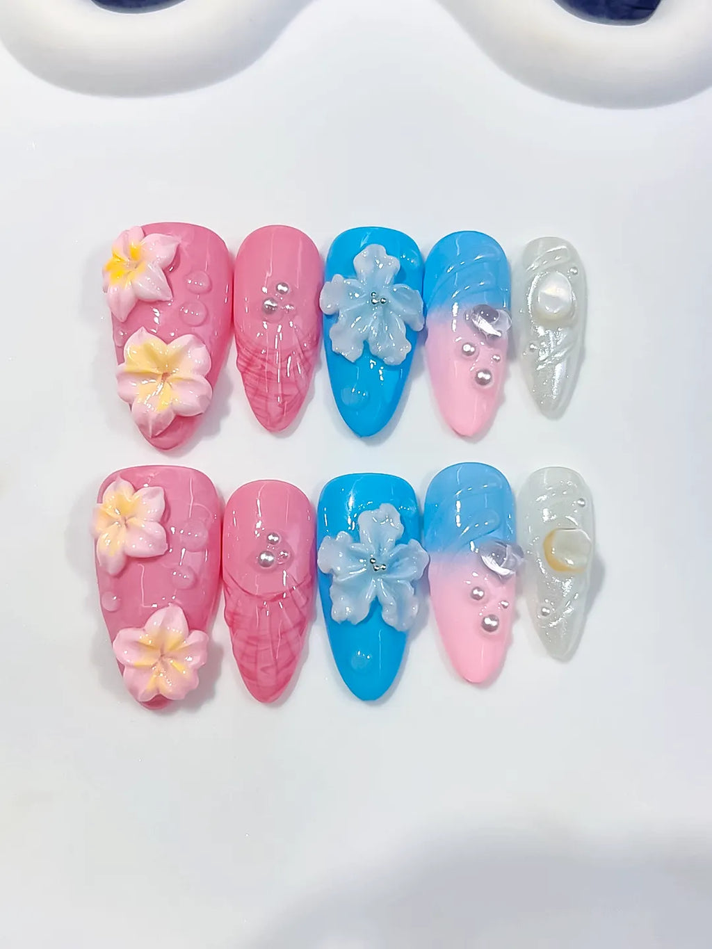 Pink Blue White Silver Abstract Flower Shell Pearl press on nails close up