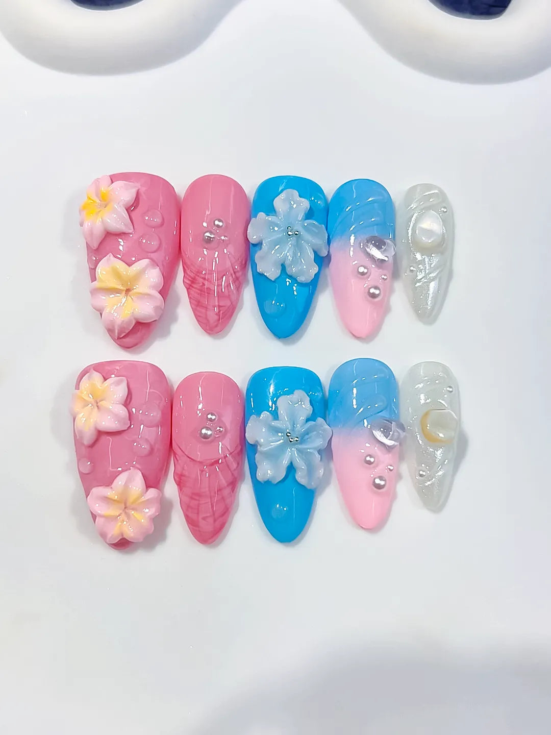 Pink Blue White Silver Abstract Flower Shell Pearl press on nails close up