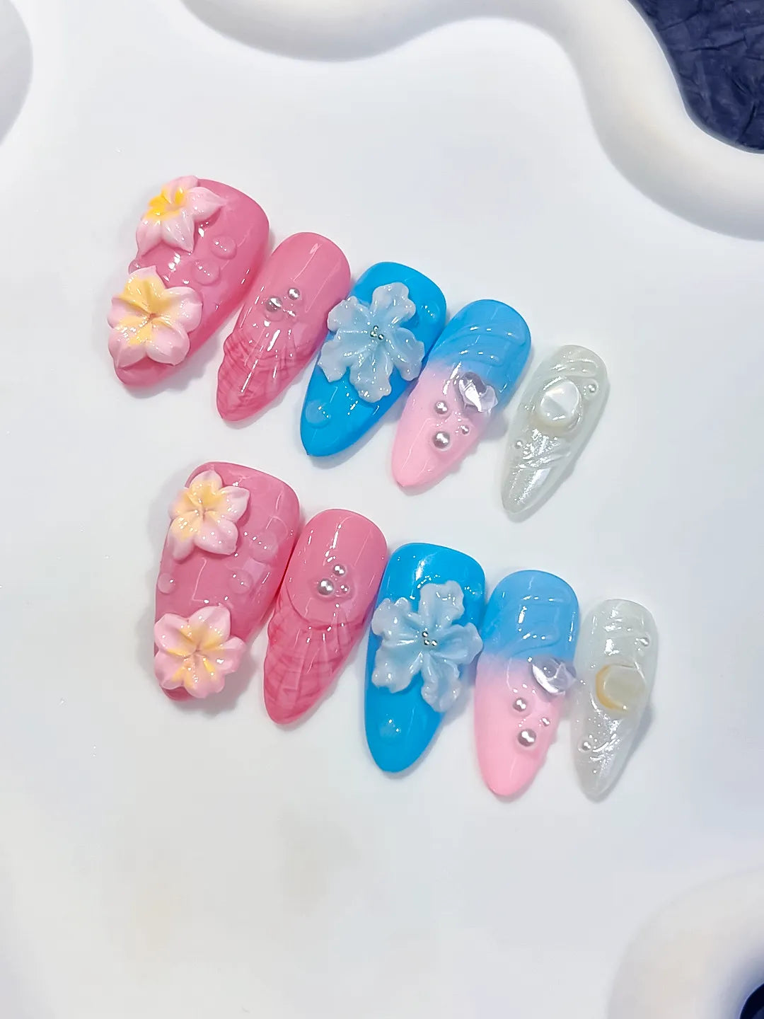 Pink Blue White Silver Abstract Flower Shell Pearl press on nails detail view