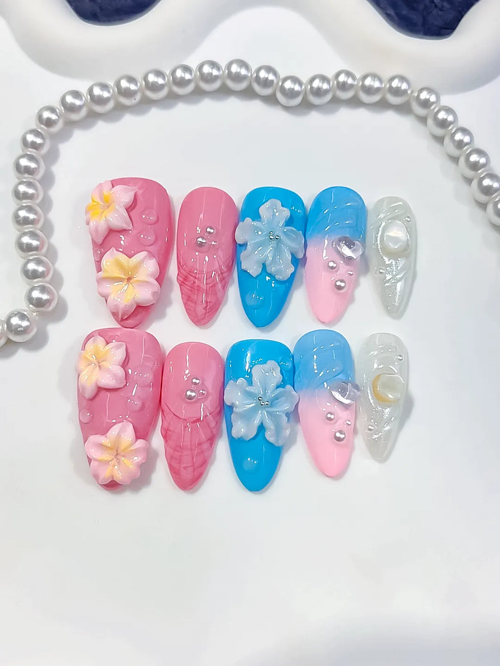 Pink Blue White Silver Abstract Flower Shell Pearl press on nails detail view