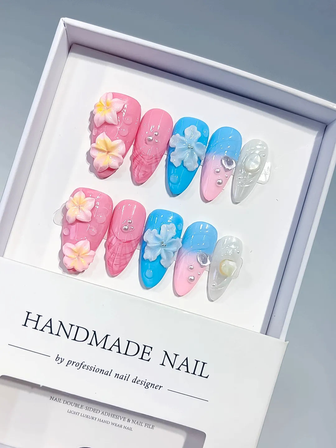 Pink Blue White Silver Abstract Flower Shell Pearl press on nails