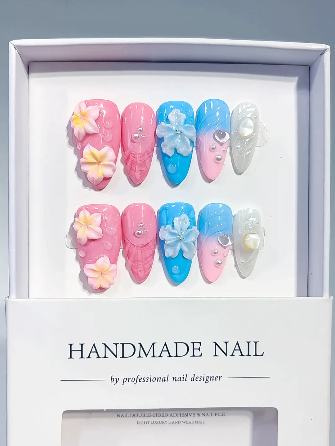Pink Blue White Silver Abstract Flower Shell Pearl press on nails full set view