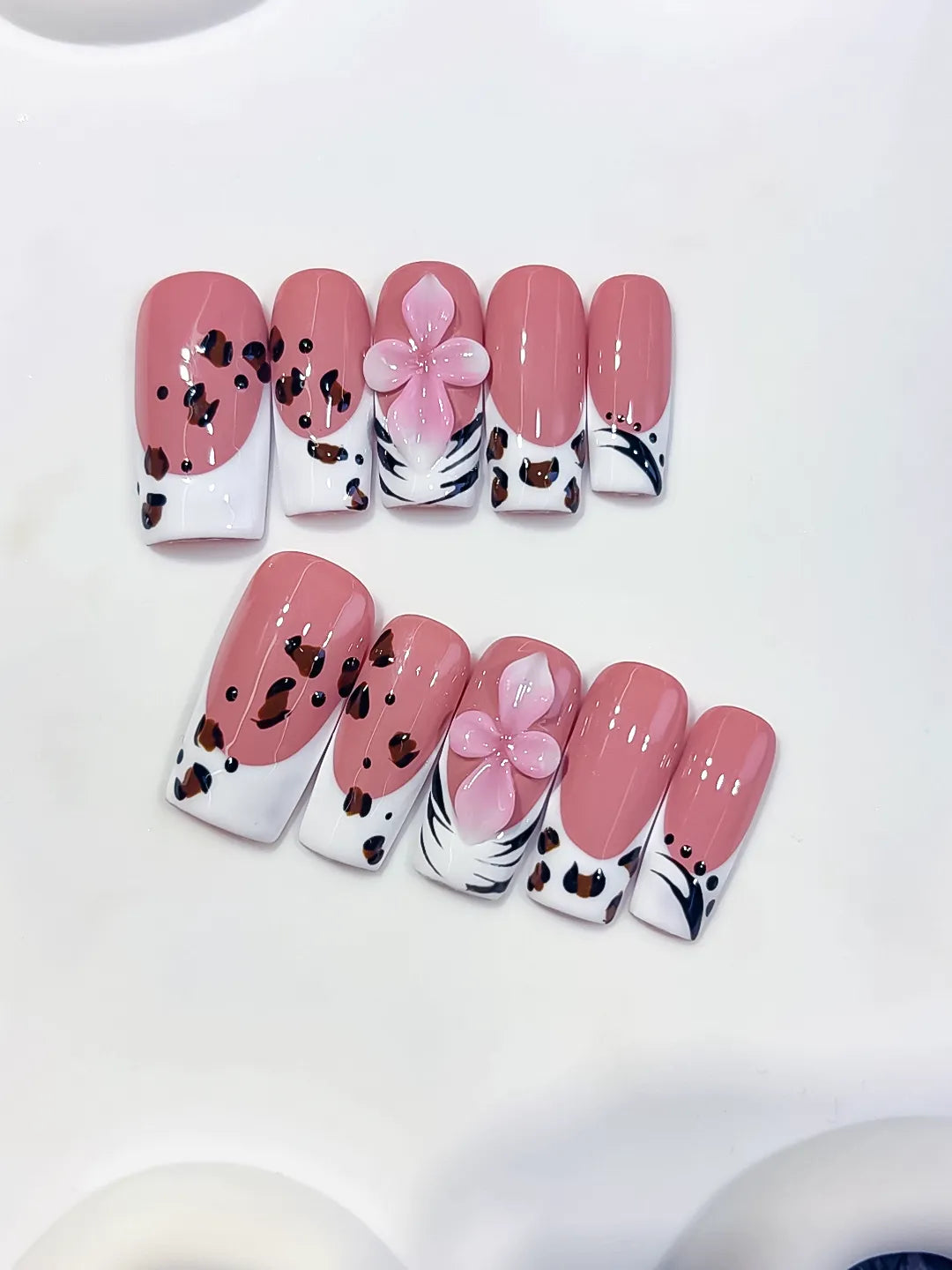 Pink White Brown Black Abstract Flower Animal Print press on nails detail view
