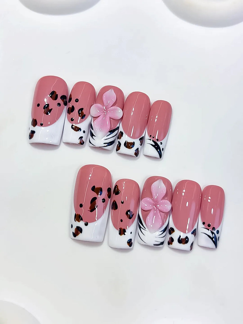 Pink White Brown Black Abstract Flower Animal Print press on nails close up