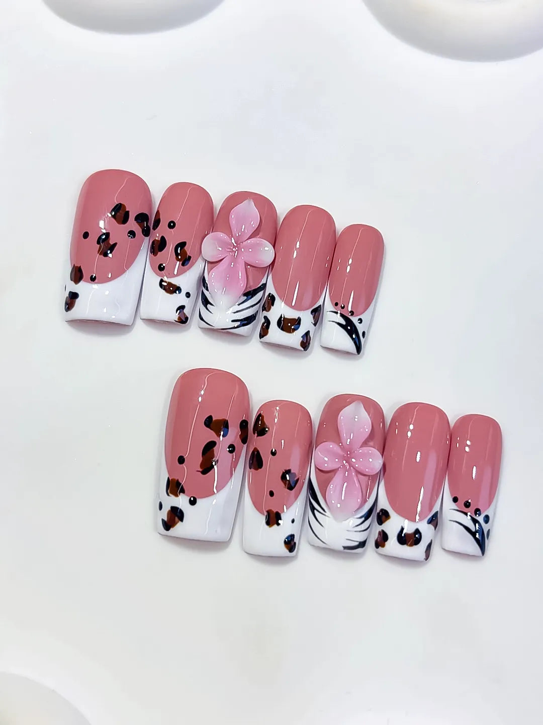 Pink White Brown Black Abstract Flower Animal Print press on nails close up