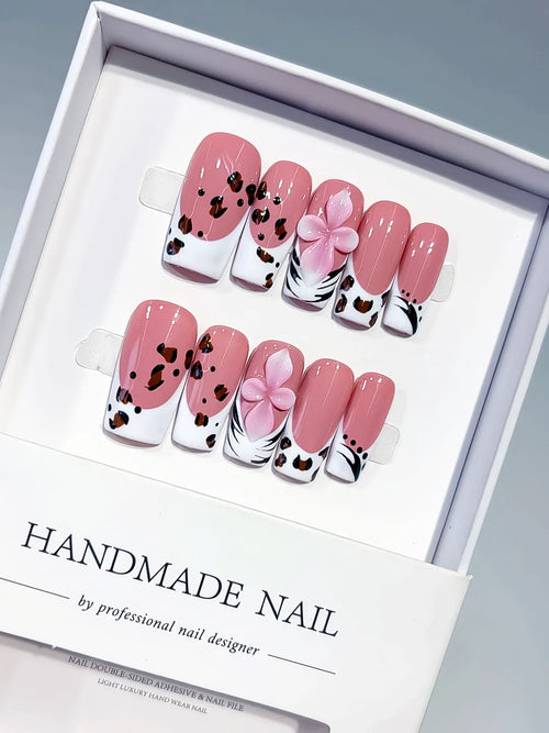 Pink White Brown Black Abstract Flower Animal Print press on nails