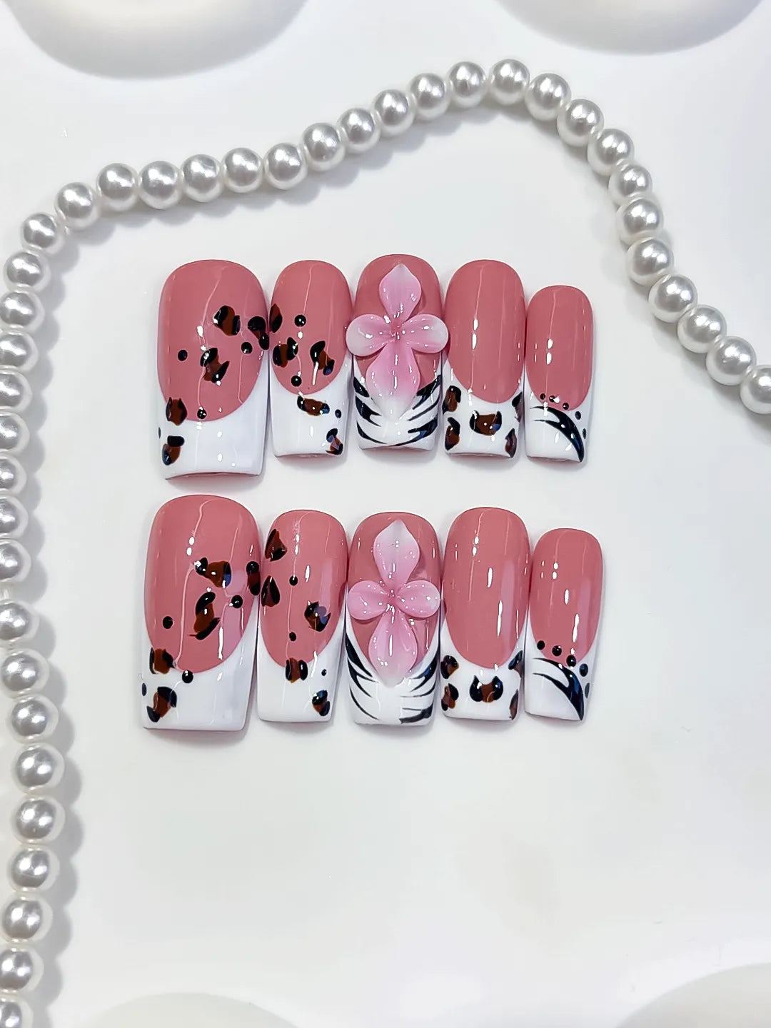 Pink White Brown Black Abstract Flower Animal Print press on nails detail view