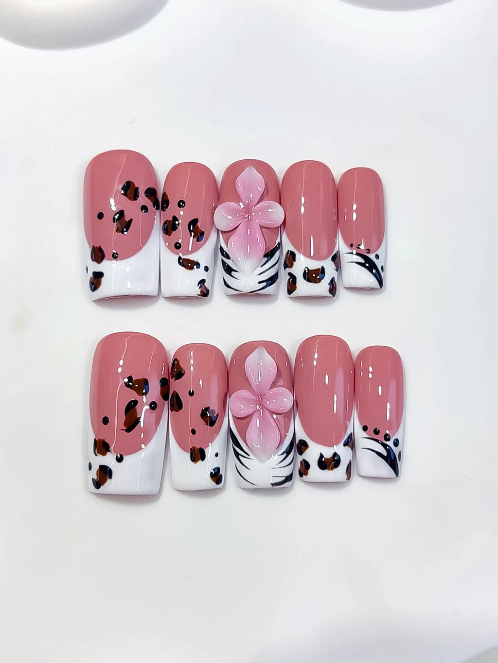 Pink White Brown Black Abstract Flower Animal Print press on nails detail view